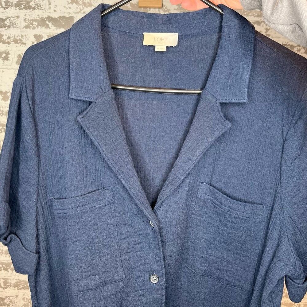 Loft | women navy blue gauzy romper shorts button up